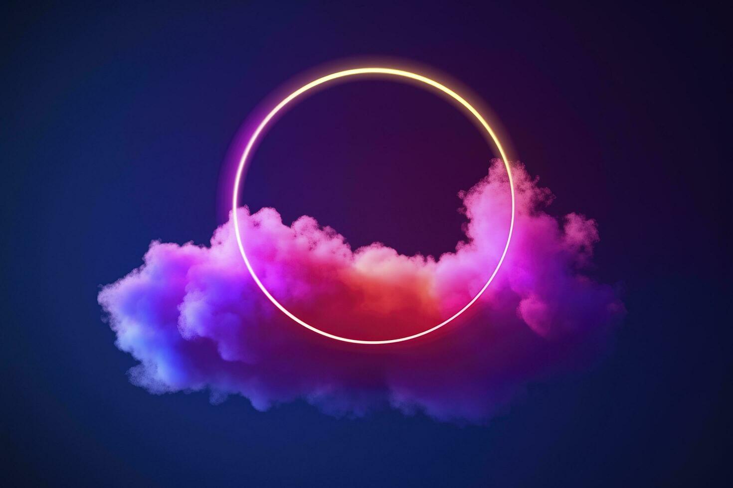 3d render, abstract cloud illuminated with neon light ring on dark night sky. Glowing geometric shape, round frame, generate ai photo