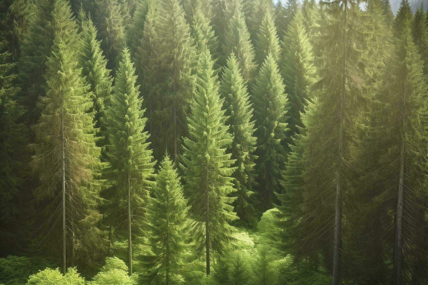 Healthy green trees in a forest of old spruce, fir and pine, generate ai photo