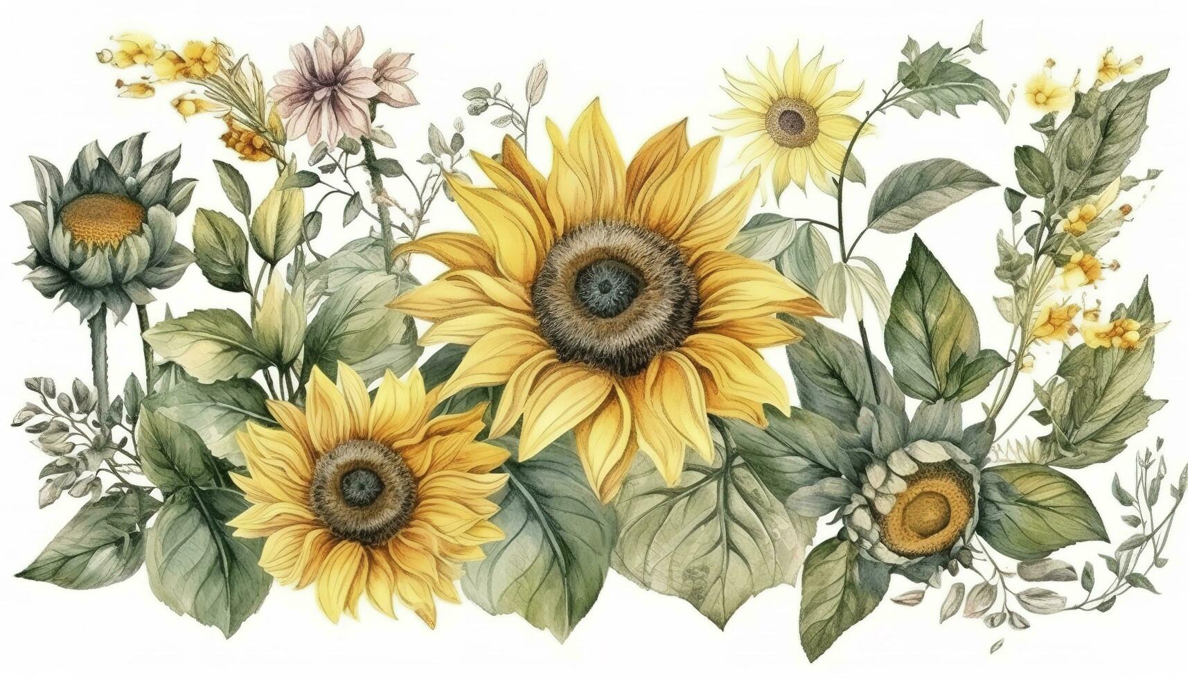 Spring floral art background vector. Botanical watercolor hand drawn sunflowers, leaves, plants. Blossom design illustration for wallpaper, banner, print, poster, generate ai photo