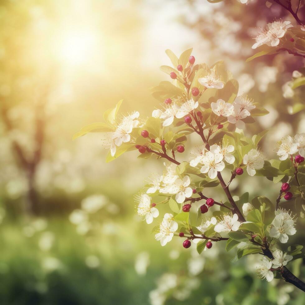 Spring blossom background. Nature scene with blooming tree and sun flare. Spring flowers. Beautiful orchard , generat ai photo