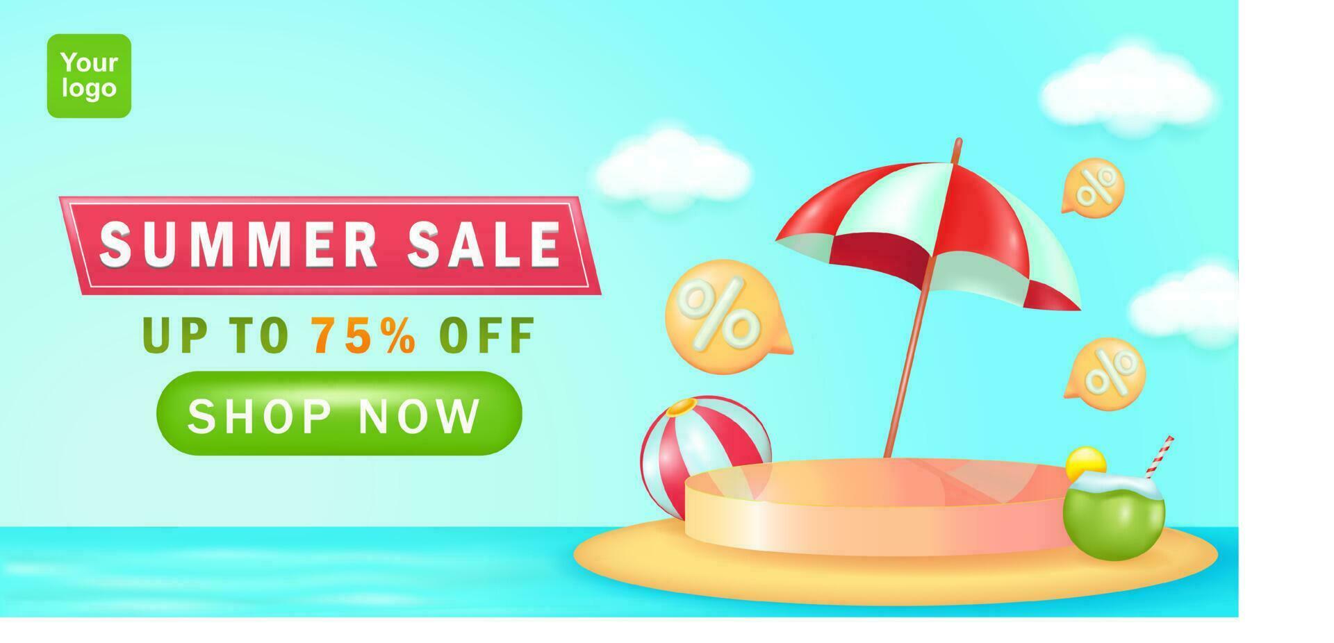 Summer Sale Banner. Podium in the middle of the sea, beach umbrella, 3d text ball discount word element. Podium with summer and beach theme. Suitable for ad templates vector