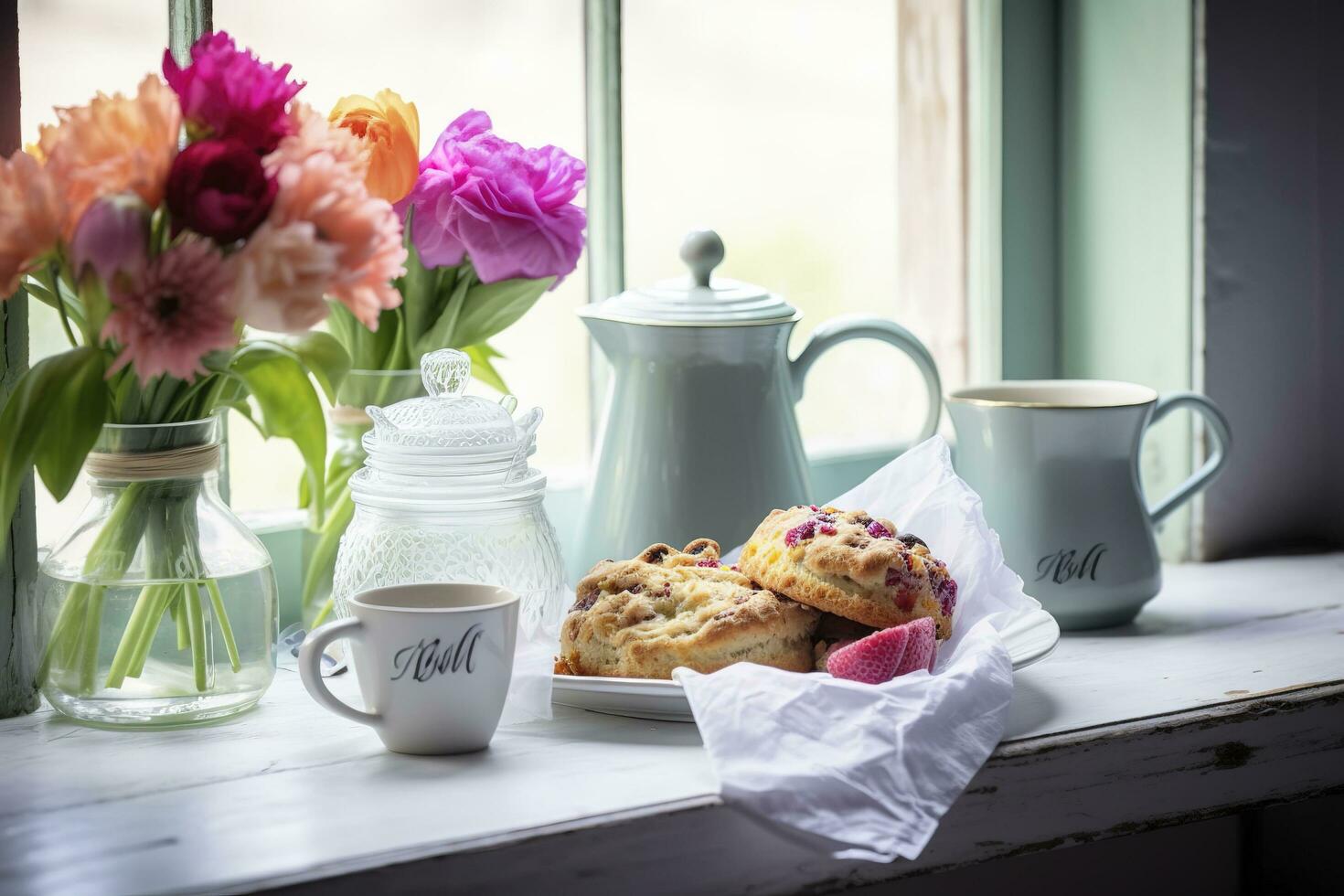 A Mother's Day arrangement with tea and scones in front of a bright window, generate ai photo