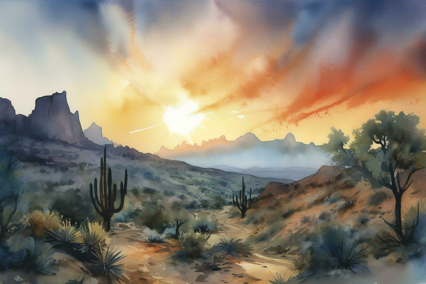 Paint a watercolor landscape of a desert scene with towering rock formations, intricate cacti, and a dramatic sunset sky, generate ai photo