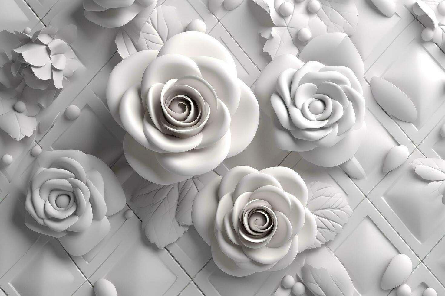 3d classic wallpaper. rose flowers on a light gray background with squares and wavy shapes. for wall home decor, generate ai photo