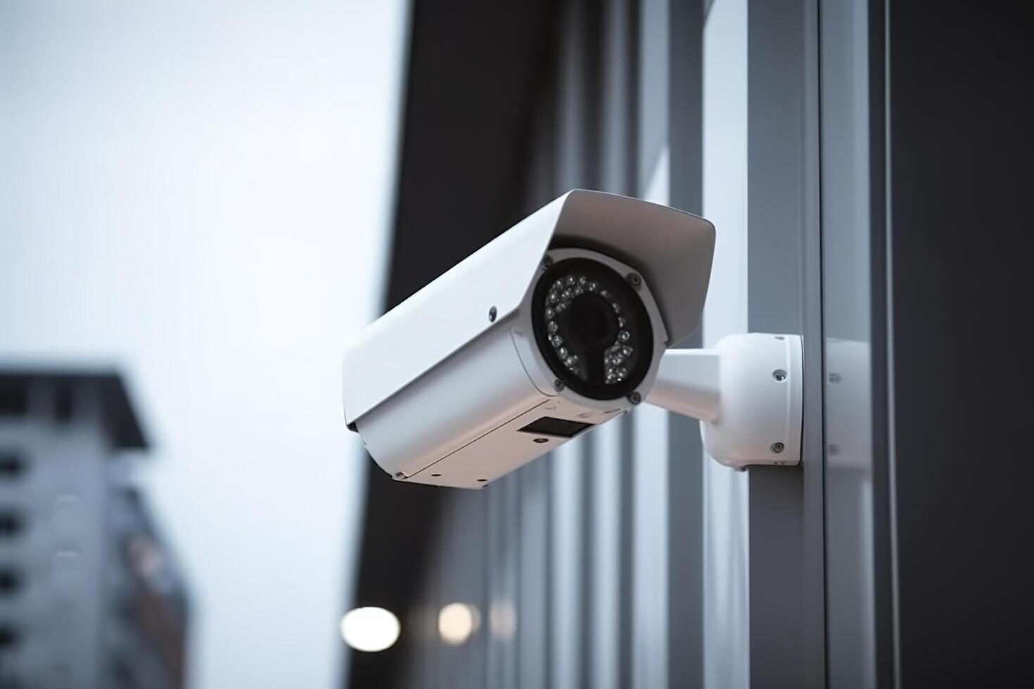 seguridad cámara en moderno edificio. profesional vigilancia cámaras cctv en el pared en el ciudad. seguridad sistema, tecnología. vídeo equipo para la seguridad sistema zona controlar exterior. ai generado. foto