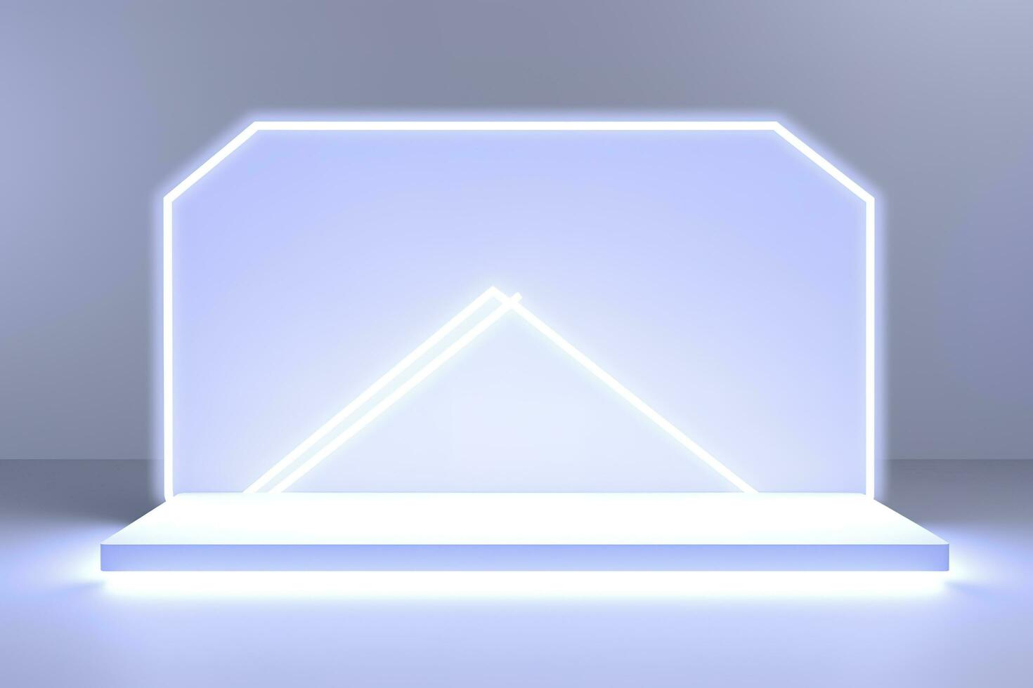 Realistic podium display with neon white lights, Product display background with light frame, White prodium product display with light effect, neon lights background, generate ai photo