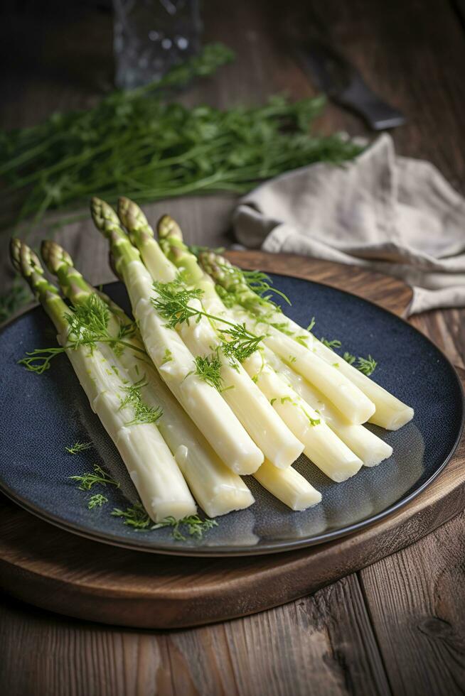 Modern style traditionally steamed white asparagus with butter sauce and cress served close-up on a Nordic design plate, generate ai photo