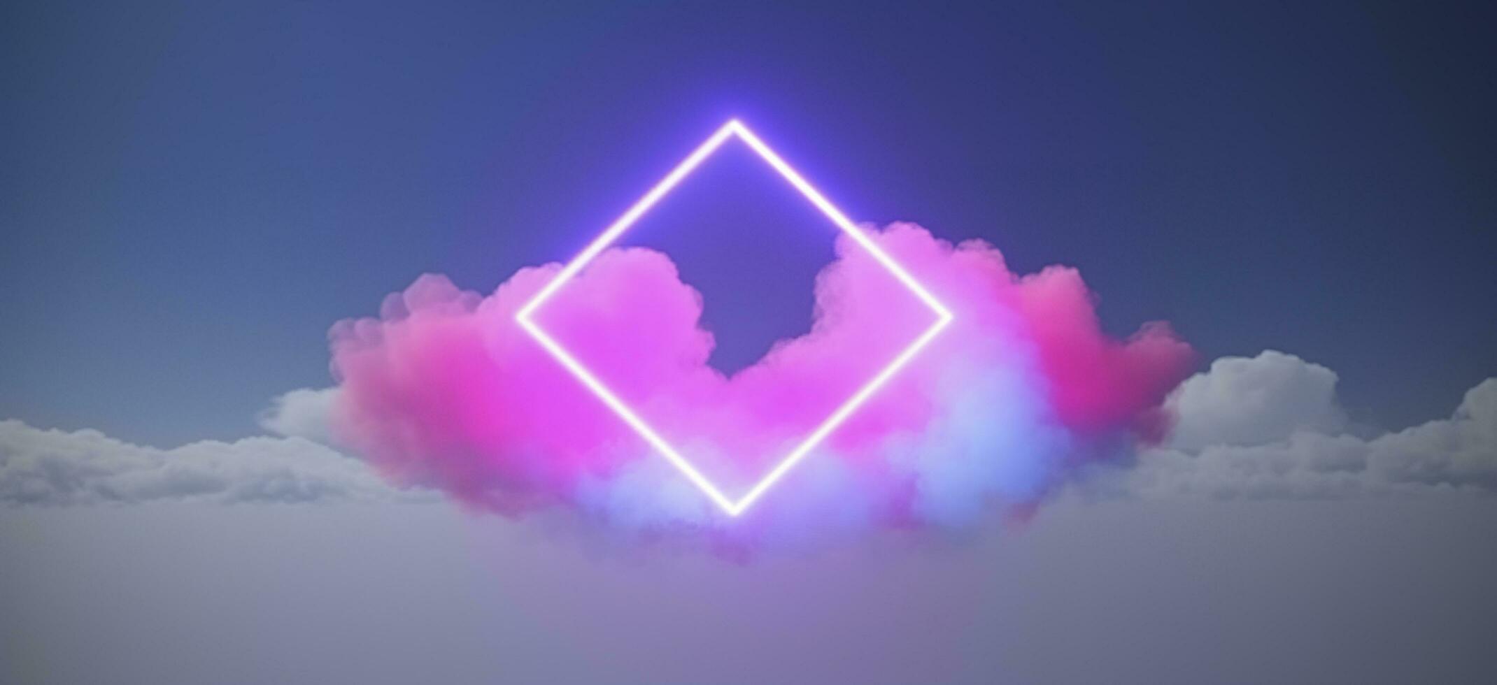 3d render, abstract minimal background with pink blue yellow neon light square frame with copy space, illuminated stormy clouds, glowing geometric shape, generate ai photo