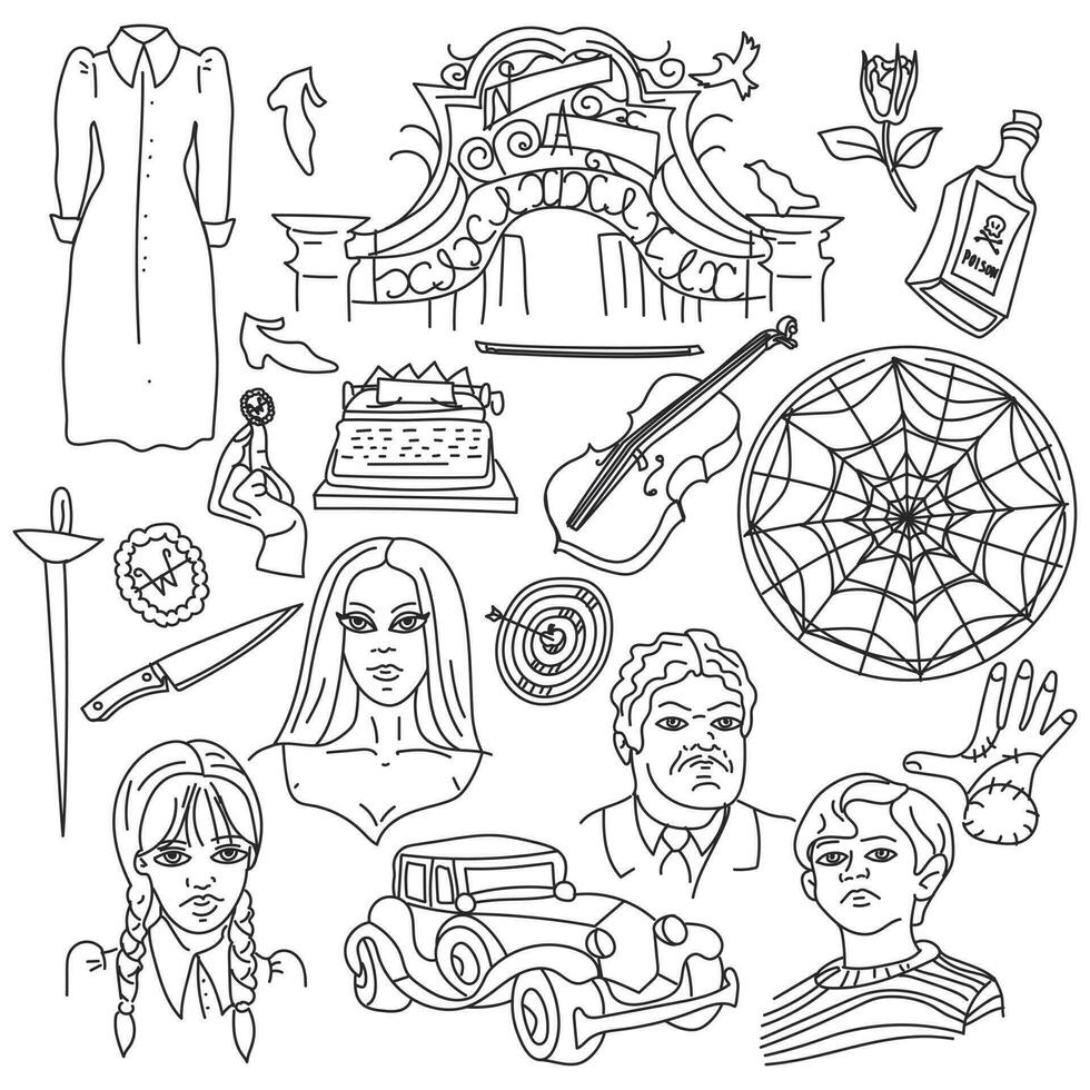 The set of the whole Adams family and the elements inherent in them are made in a linear style. Monochrome contour shades. Black and white background with people on Halloween. Printing vector