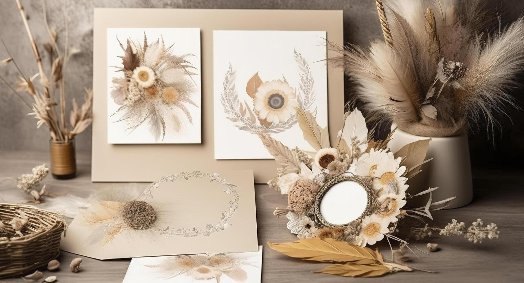 Empty template in boho style greeting cards, greeting or wedding card mockup with dried flowers. image photo