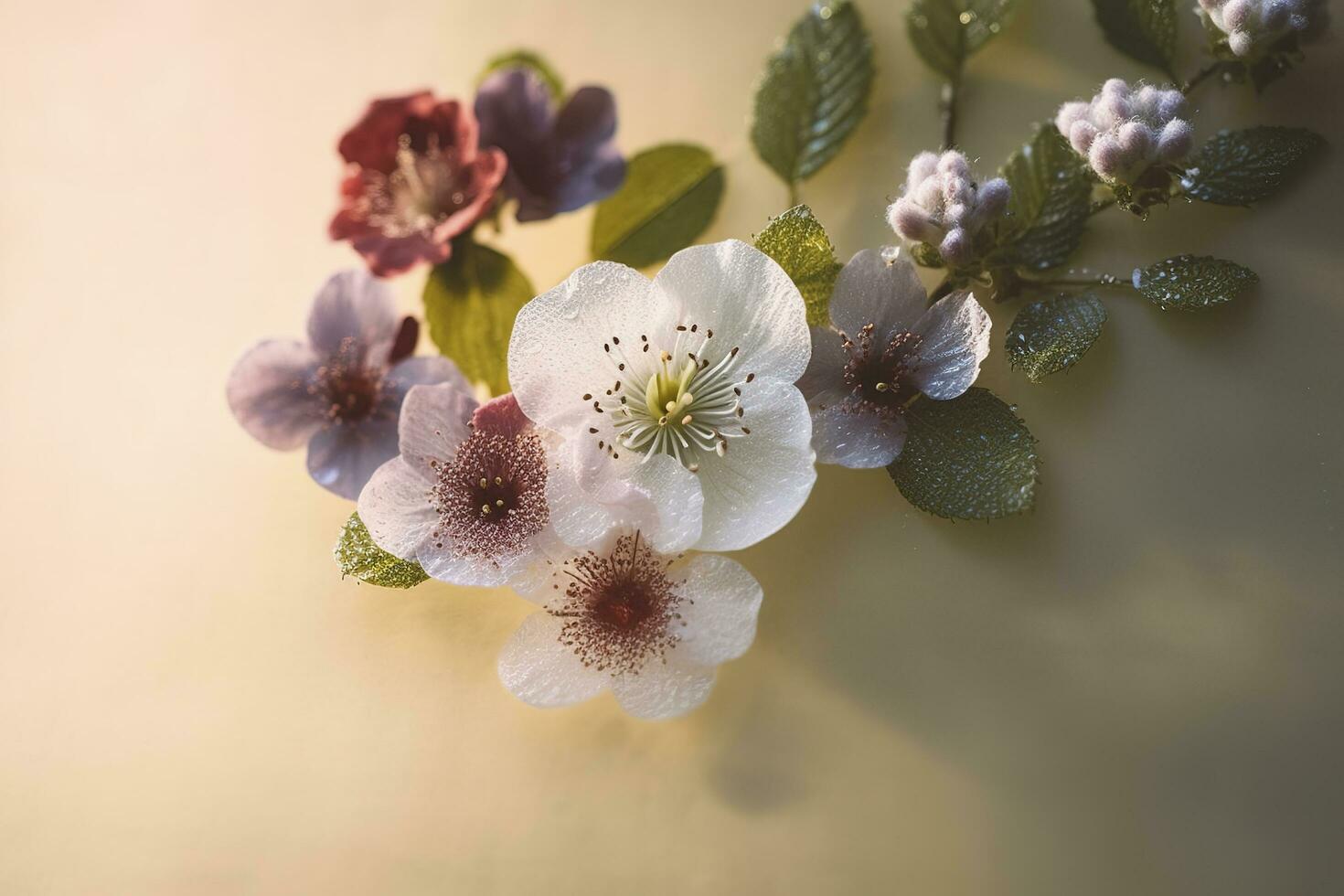 Beautiful spring border, blooming rose bush. Flowering rose hips against on wall. Soft selective focus, generate ai photo