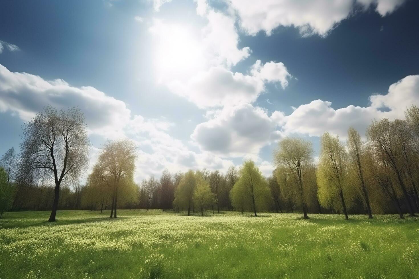 hermosa borroso antecedentes imagen de primavera naturaleza con un pulcramente recortado césped rodeado por arboles en contra un azul cielo con nubes en un brillante soleado día, generar ai foto