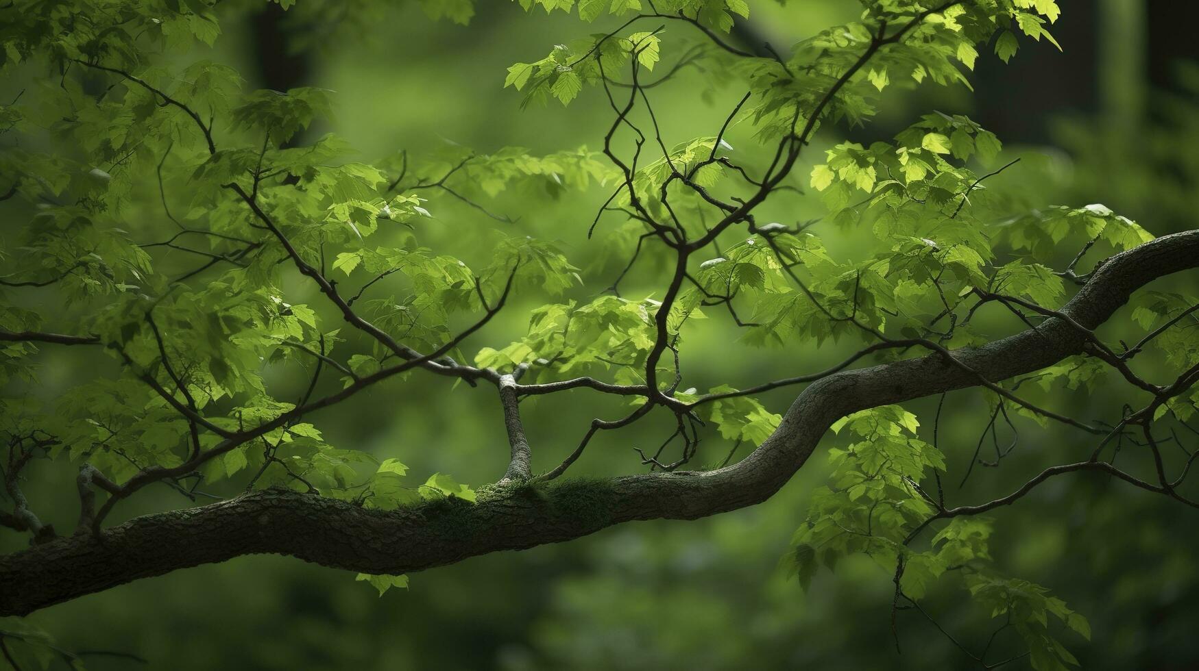 Earth Day and World Environment Day, Spring, Tropical tree leaves and branch with beautiful green forest background, generate ai photo