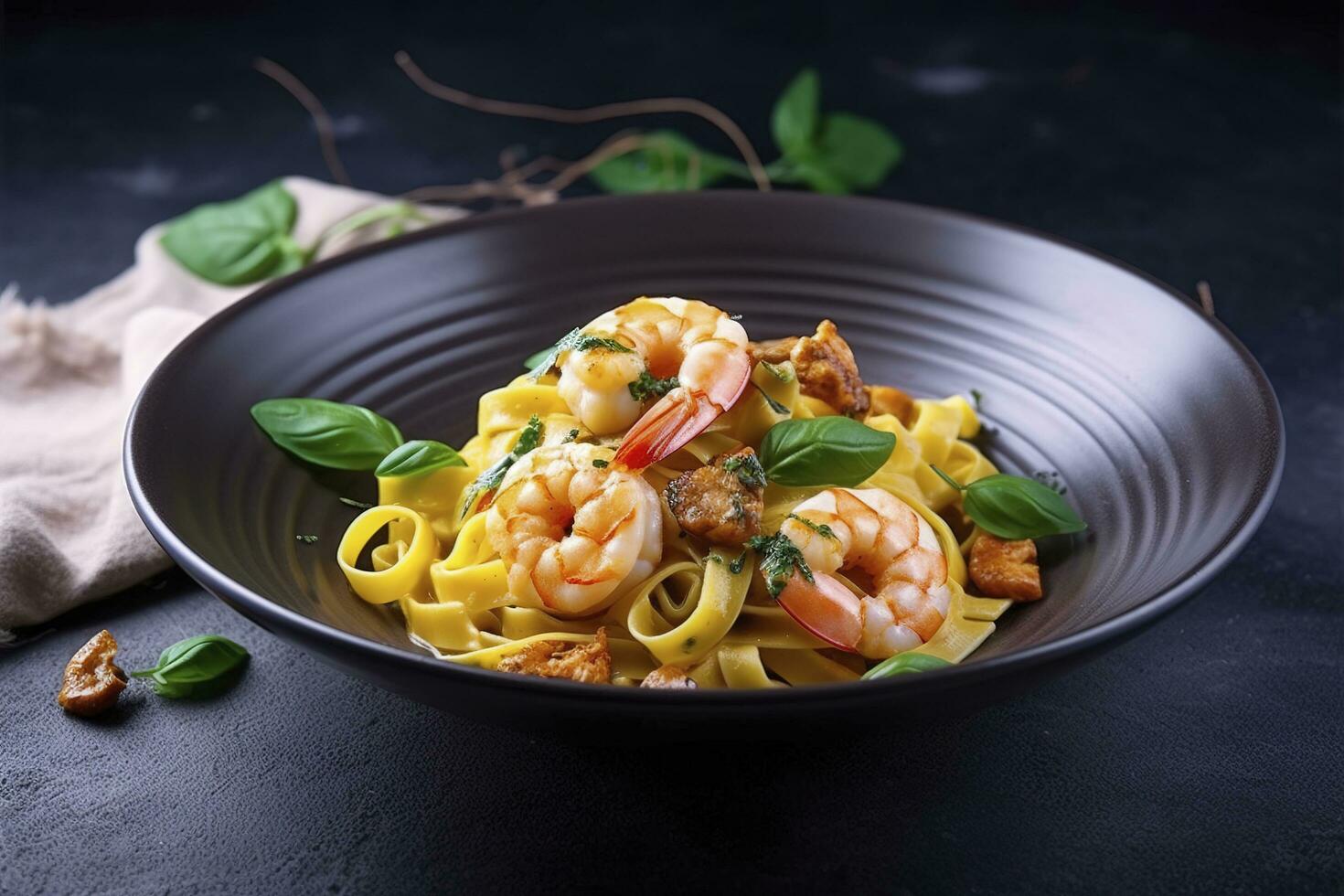 Traditional Italian tagliatelle ai gamberoni pasta with king prawns and herbs served as close-up on a design plate with copy space, generate ai photo