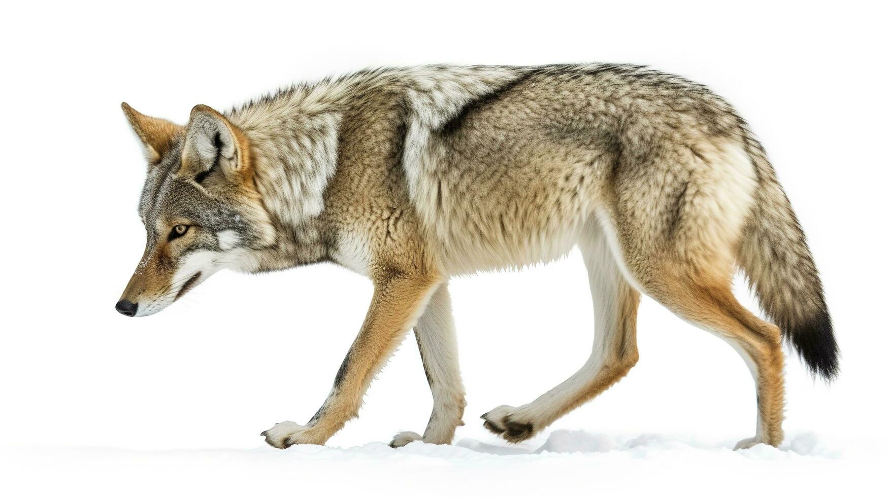 A lone coyote Canis latrans isolated on white background walking and hunting in the winter snow in Canada, generate ai photo