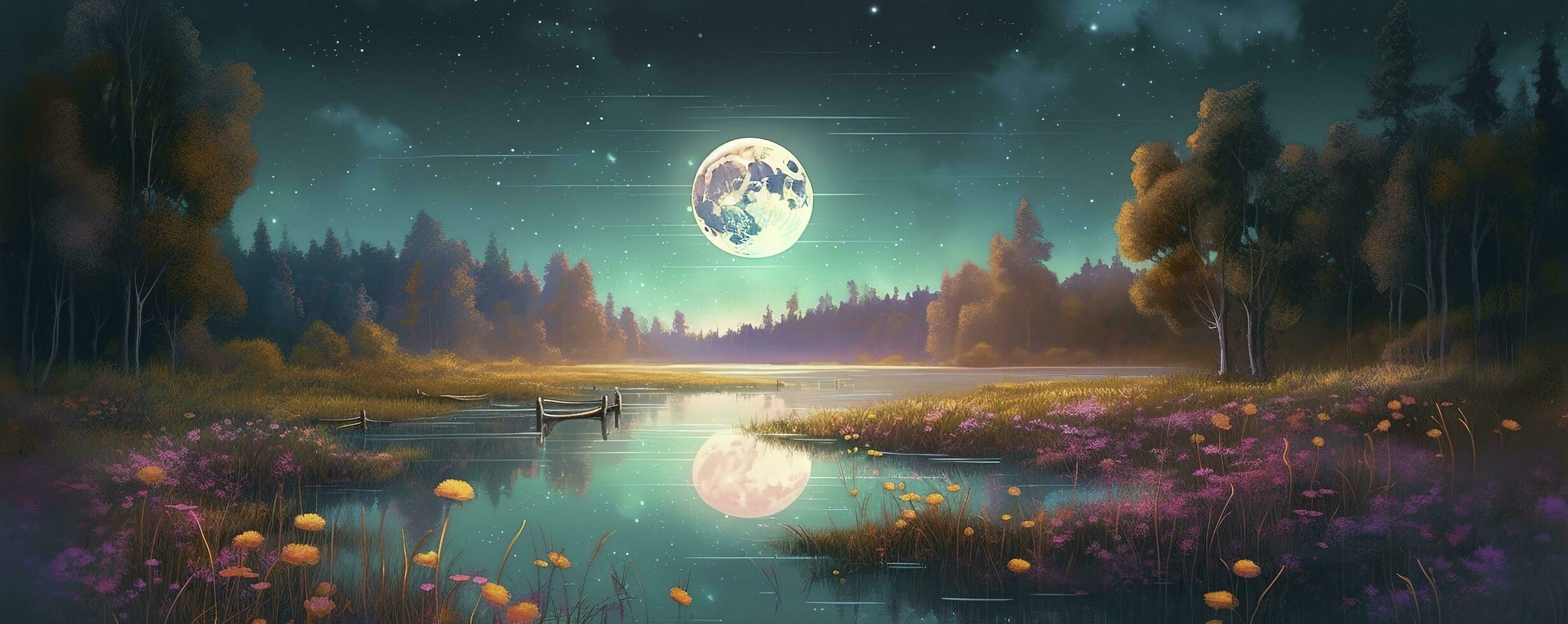 night landscape environment harvest moon over a glittering lake lush vegetation birchwood trees, flowers, magical galaxy. 3d drawing digital art, generate ai photo