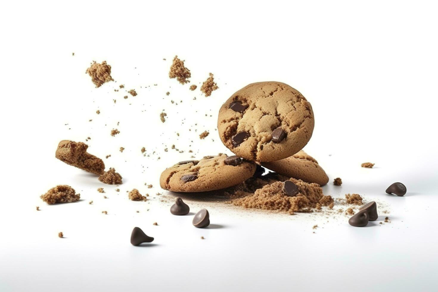 Tasty chocolate chip cookies falling isolated on white background, generate ai photo