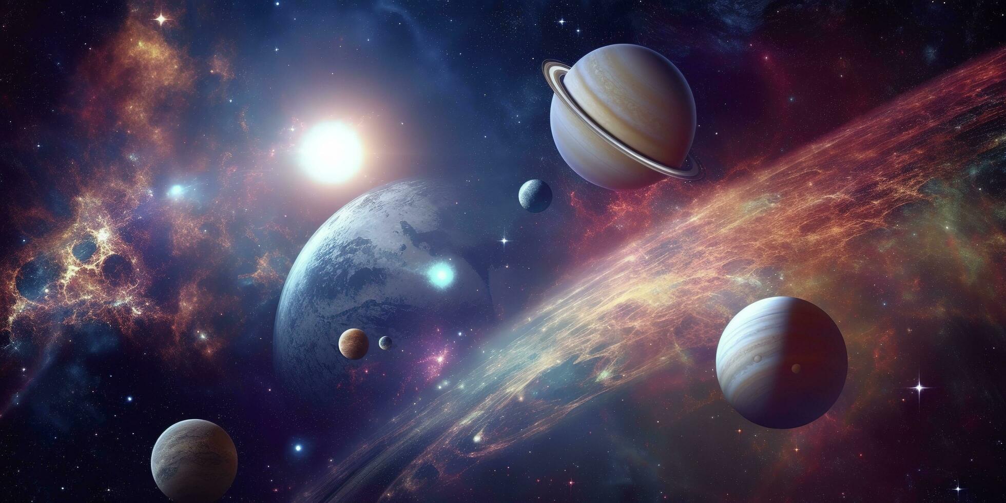 Space wallpaper banner background. Stunning view of a cosmic galaxy with planets and space objects. Elements of this image furnished by NASA, generate ai photo