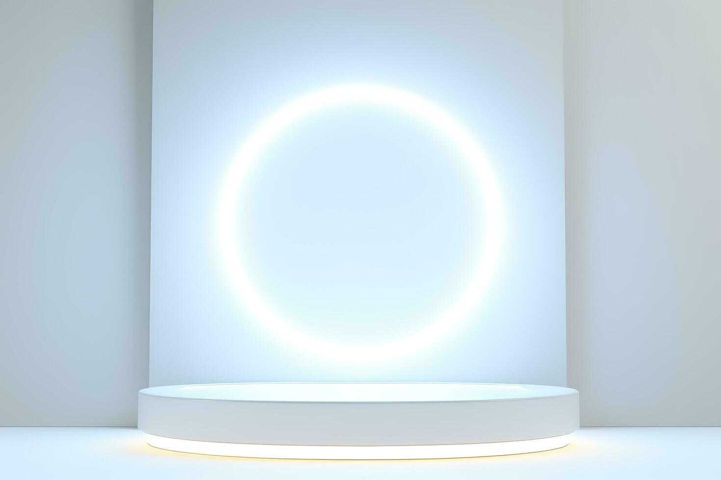 Abstract 3D silver cylinder pedestal podium floating on air with glowing neon ring background. Silver wall scene for product display presentation. rendering geometric platform, generate ai photo