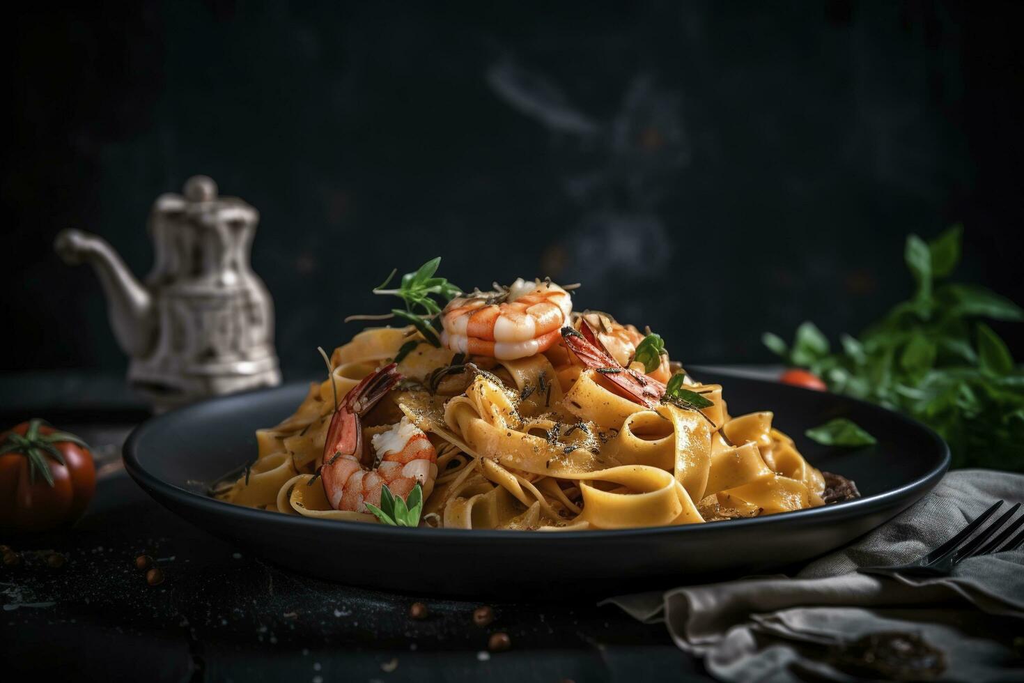Traditional Italian tagliatelle ai gamberoni pasta with king prawns and herbs served as close-up on a design plate with copy space, generate ai photo