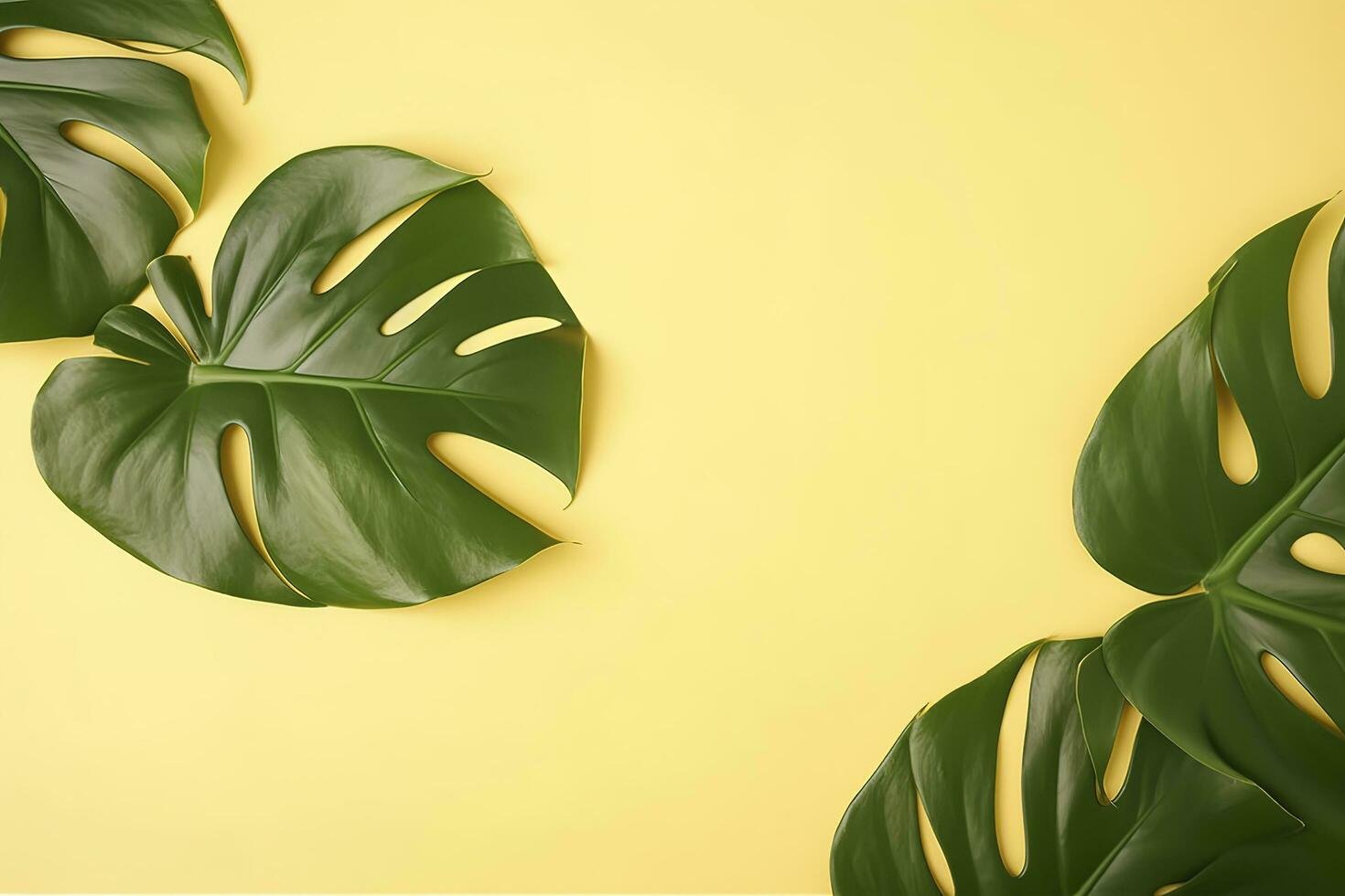 Beautiful tropical palm monstera leaves branch isolated on pastel yellow background, top view, flat lay, overhead above summer beauty blank design concept , generate ai photo