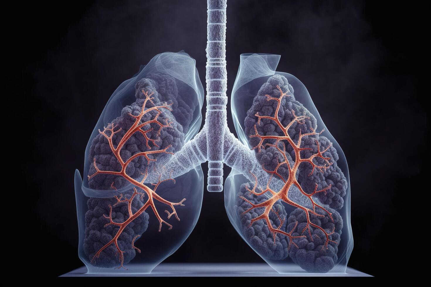 humano livianos con fumar, pulmón enfermedad desde de fumar, pm 2.5 y aire contaminación humana pulmón modelo enfermedad, pulmón cáncer, y pulmón enfermedad, generativo ai foto