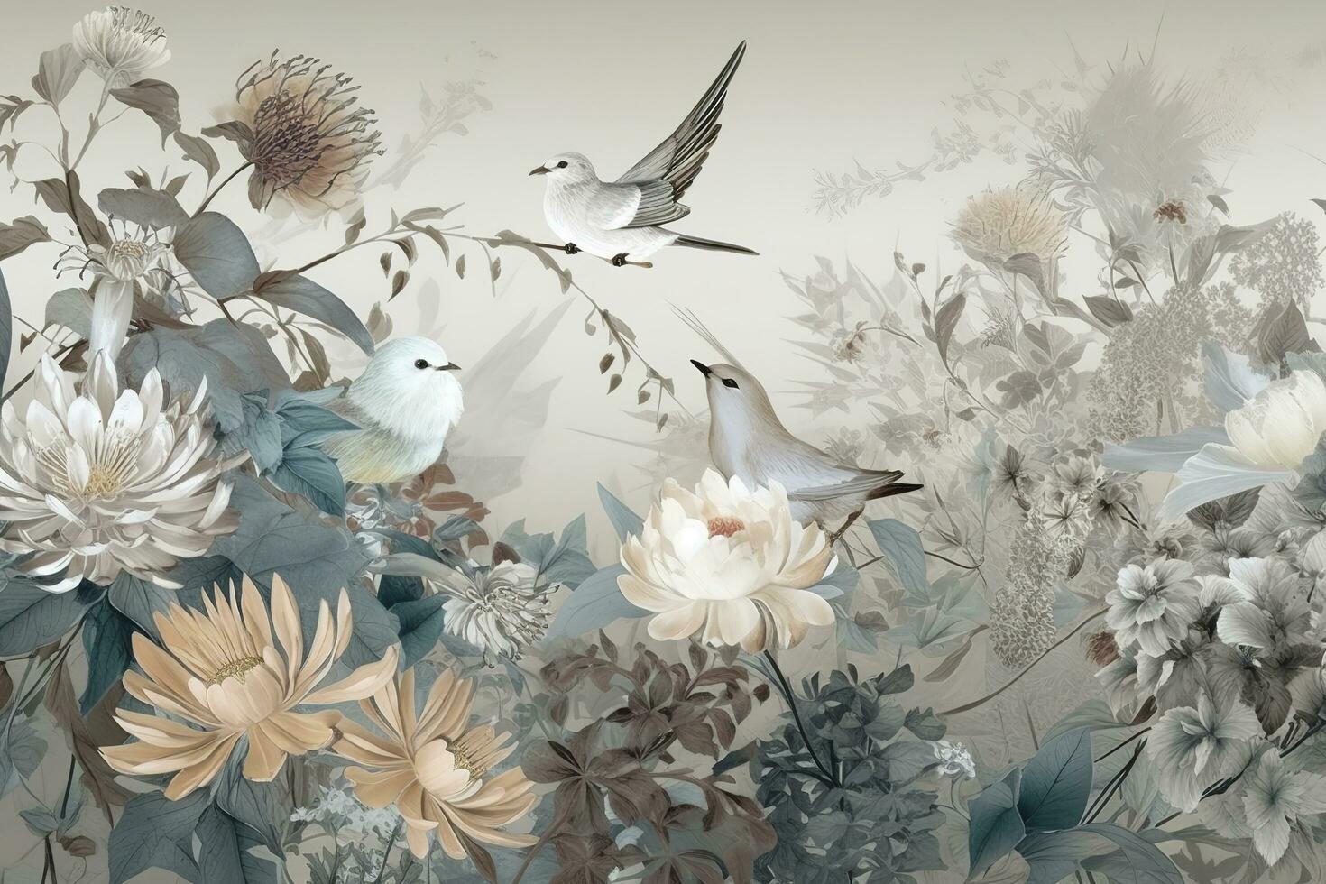 3d floral mural wallpaper with a light simple background. branches of flowers, herbs, birds, and mountains. modern art for wall home decor, generate ai photo