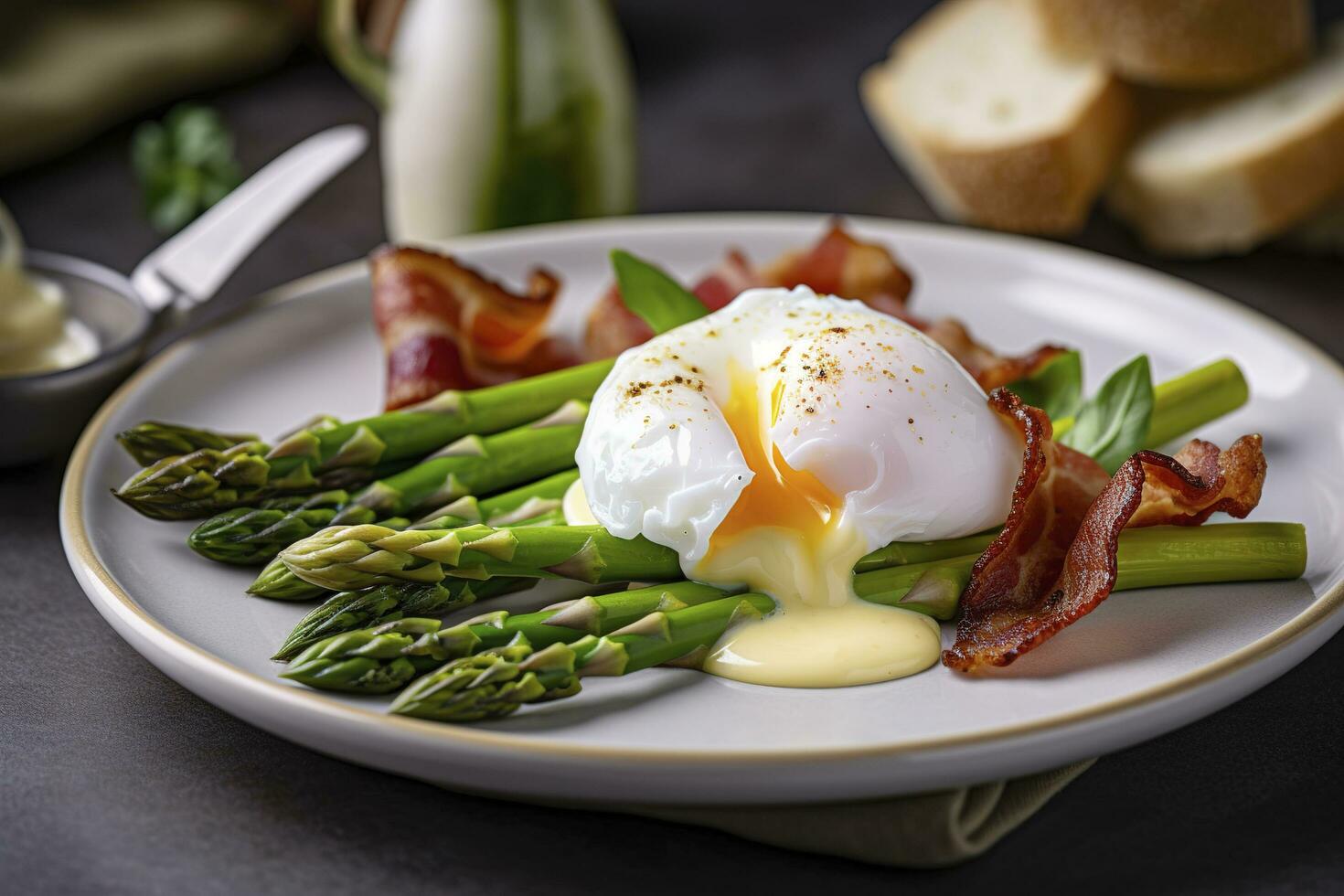 Benedict poached Duck egg with crispy bacon and fried asparagus on toasts for breakfast, generate ai photo