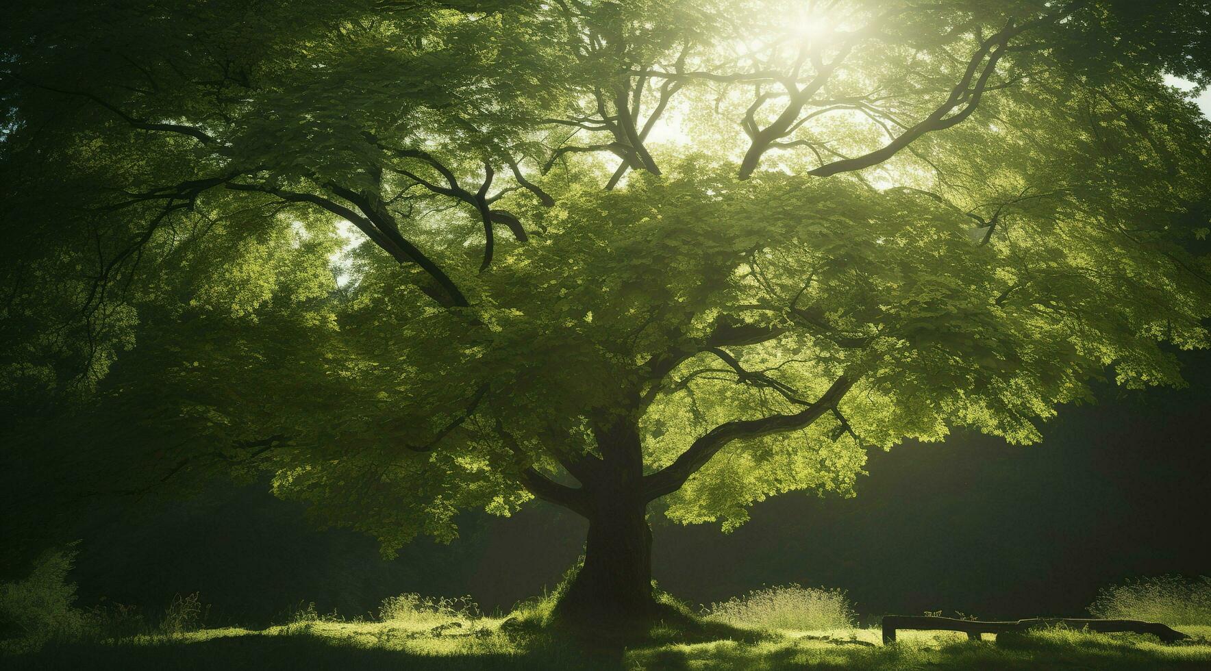 a large tree with bright sun rays, in the style of pastoral charm, dark green and light green, quietly poetic, combining natural and man made elements, generat ai photo