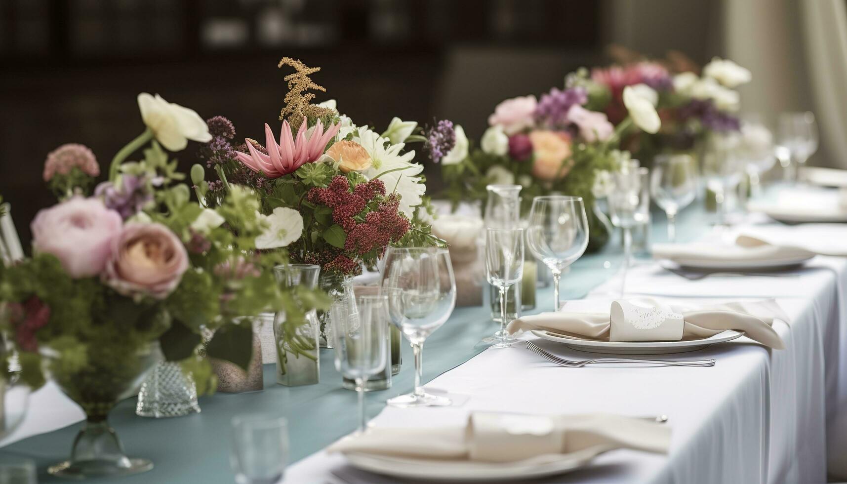 flor mesa decoraciones para Días festivos y Boda cena. mesa conjunto para día festivo, evento, fiesta o Boda recepción en al aire libre restaurante, generar ai foto