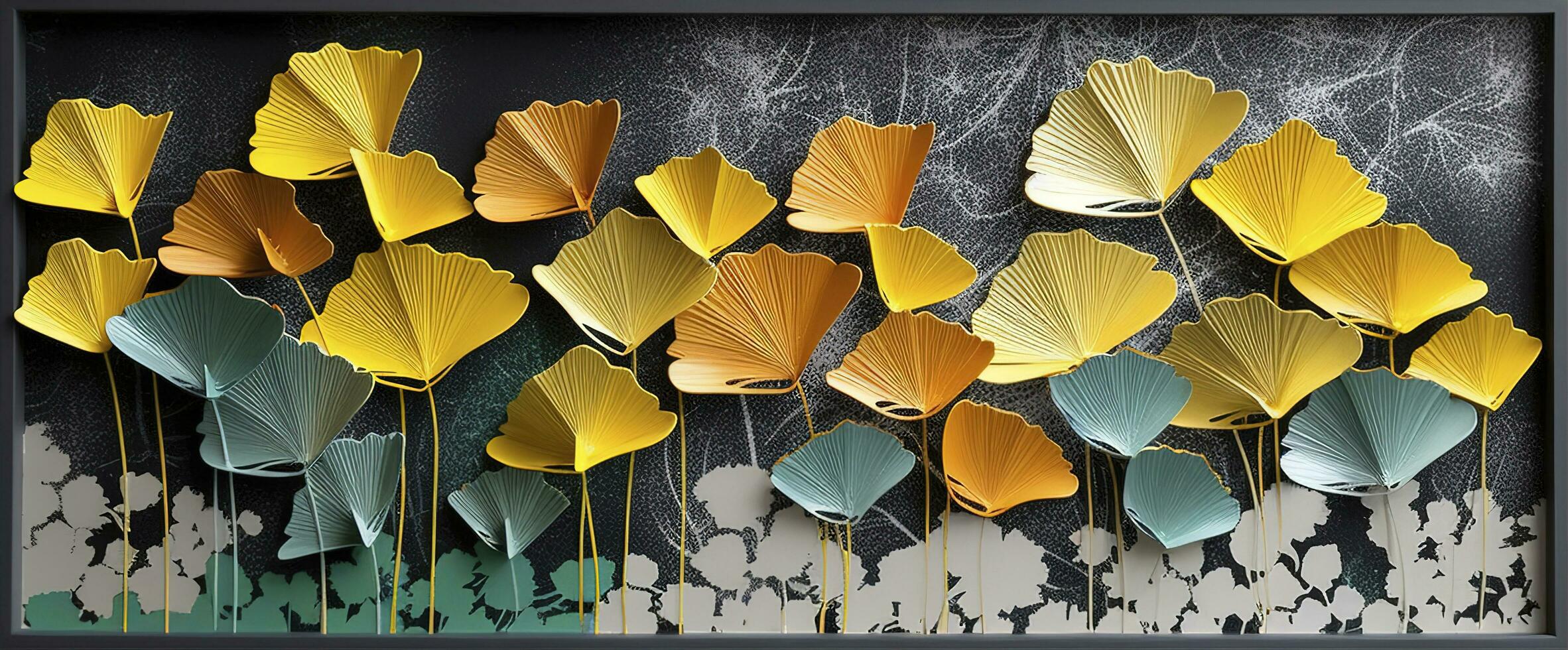 3d colorful illustration of ginkgo leaves, deer, and leaves in dark background. minimalist hand-painted canvas art wall frame decor, generate ai photo