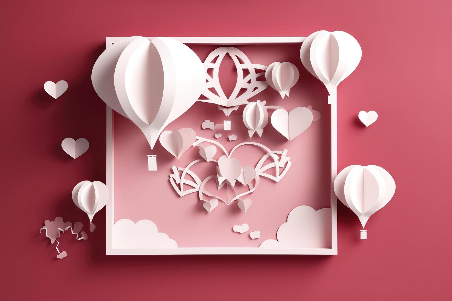 Paper cut style, valentine day with heart balloon and love, photo