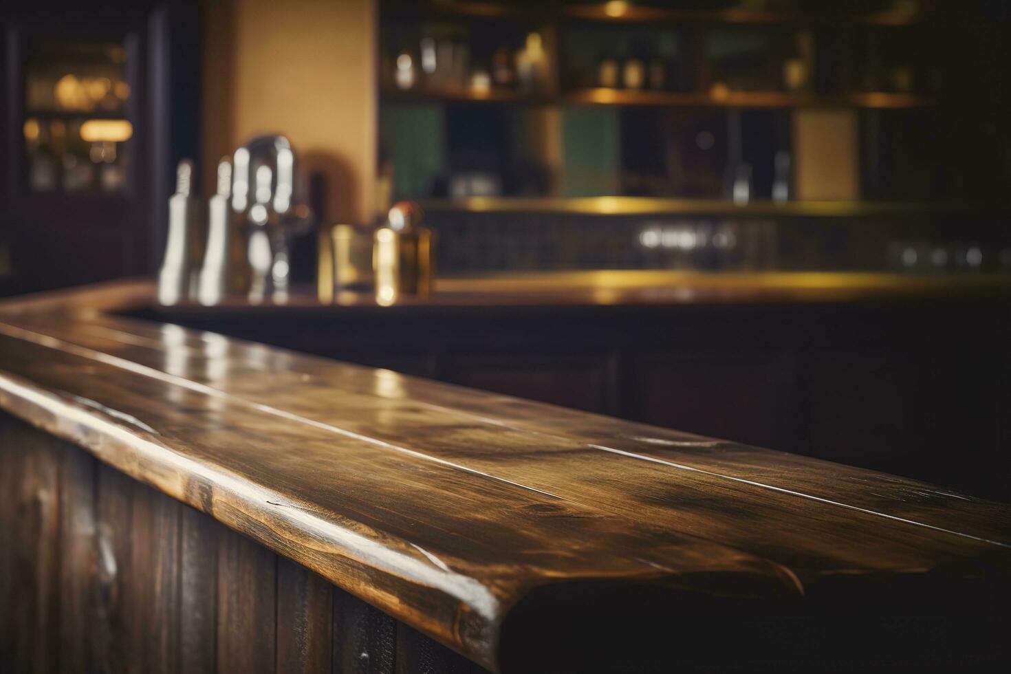 Pub bar counter with wooden table background, generate ai photo