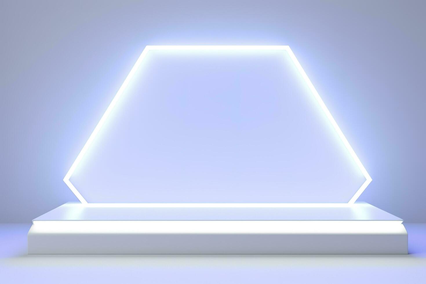 Realistic podium display with neon white lights, Product display background with light frame, White prodium product display with light effect, neon lights background, generate ai photo