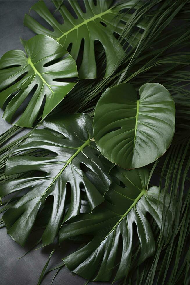 Tropical palm monstera leaves isolated on gray table background. , generate ai photo