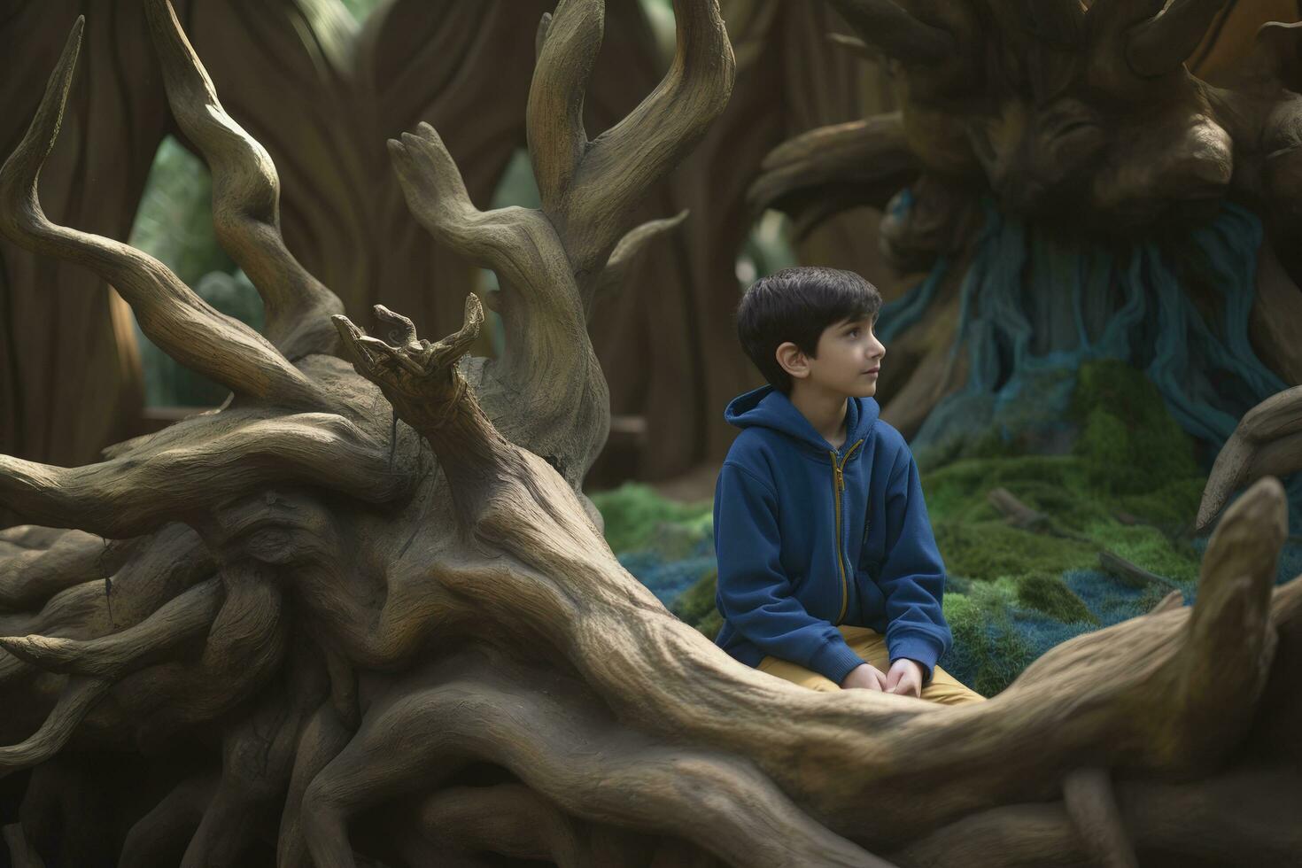 Portrait of kid standing in tropical rain forest, Active little boy looking out with couriouse face. Child having adventure in nature reserve in spring or summer , generate ai photo