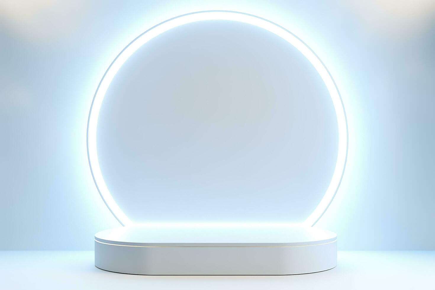 Abstract 3D silver cylinder pedestal podium floating on air with glowing neon ring background. Silver wall scene for product display presentation. rendering geometric platform, generate ai photo