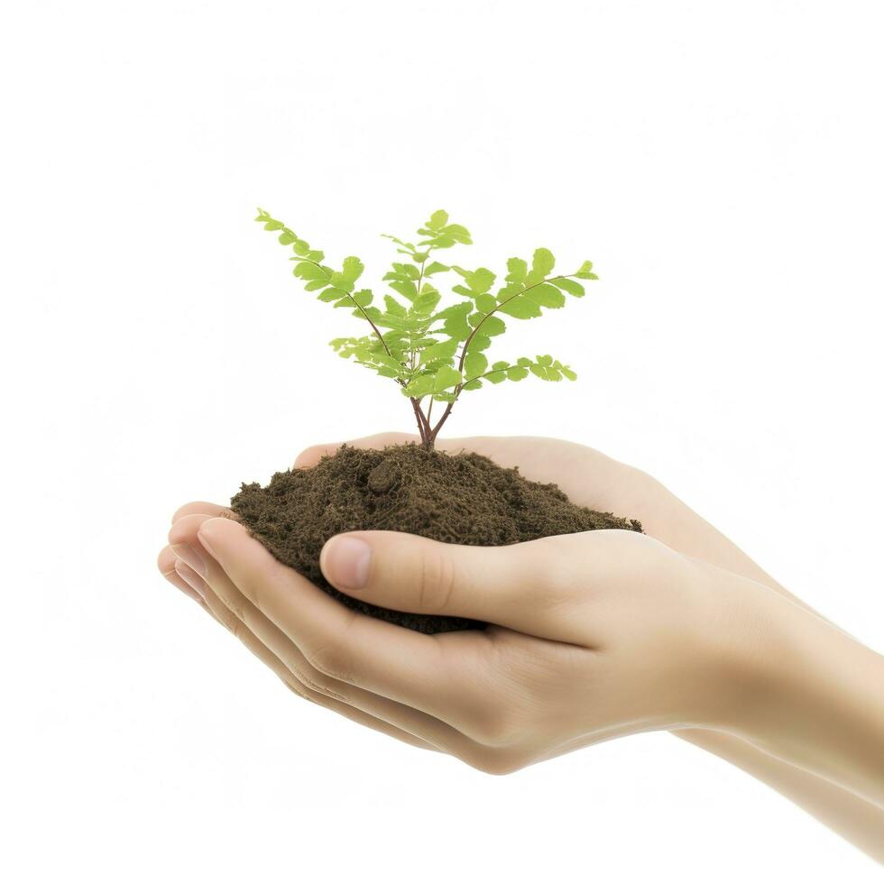 ambiente tierra día en el árbol planta en mujer mano aislado en blanco antecedentes. bosque conservación concepto, concepto eco tierra día. ahorro el ambiente, ecología concepto, generar ai foto