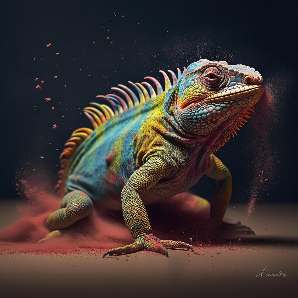 colorful iguana with powder splash , photo