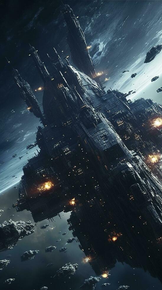 Cinematic Still, intense space battle between two massive battleships, starry sky, nebulae, galaxies, HDR futuristic space battleship destroyers traveling through an asteroid field, generate ai photo