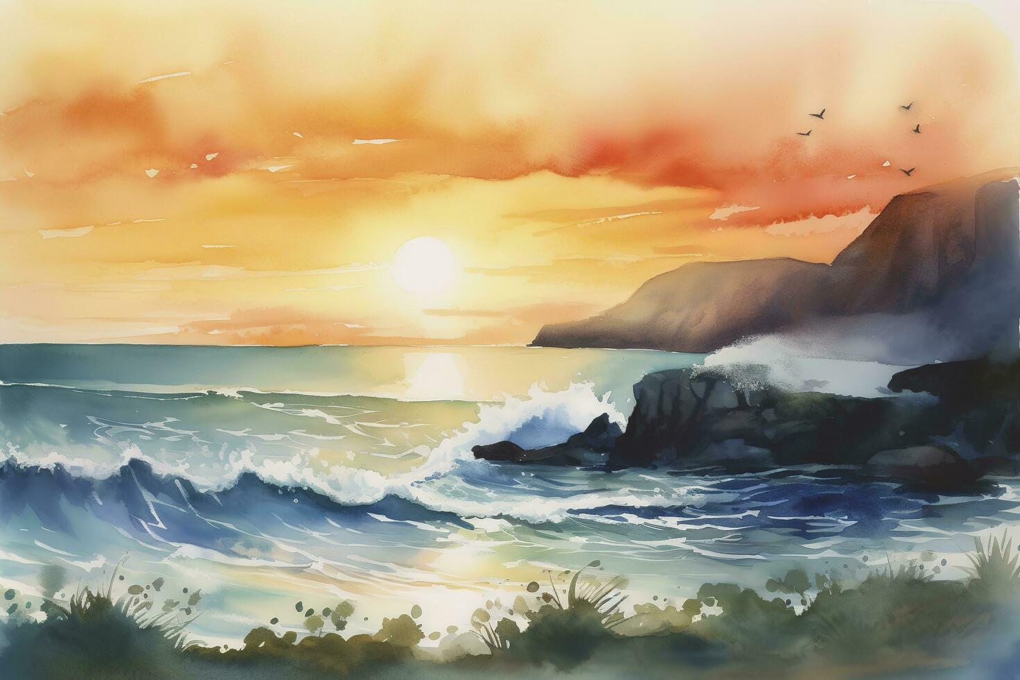 acuarela pintura de un costero escena, incluso laminación ondas, arenoso playas, y un vistoso cielo a amanecer o atardecer, generar ai foto