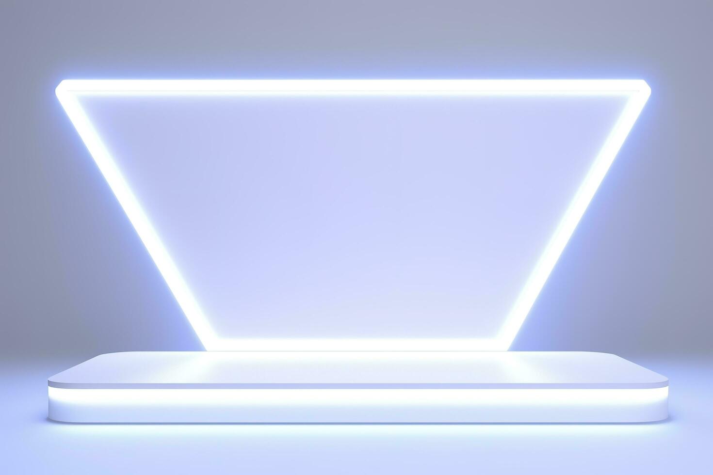 Realistic podium display with neon white lights, Product display background with light frame, White prodium product display with light effect, neon lights background, generate ai photo