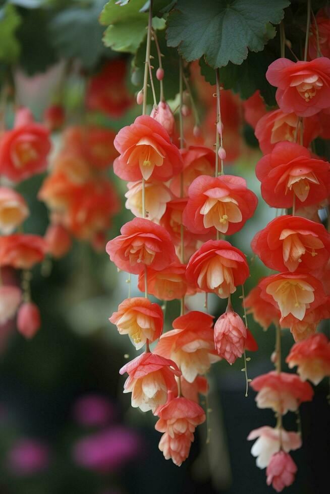 courtyard background, Bulbous begonia blossoms, Bulbous begonia flowers hang down in strings, Hanging like rows of wind chimes, Petals are small and beautiful, generate ai photo