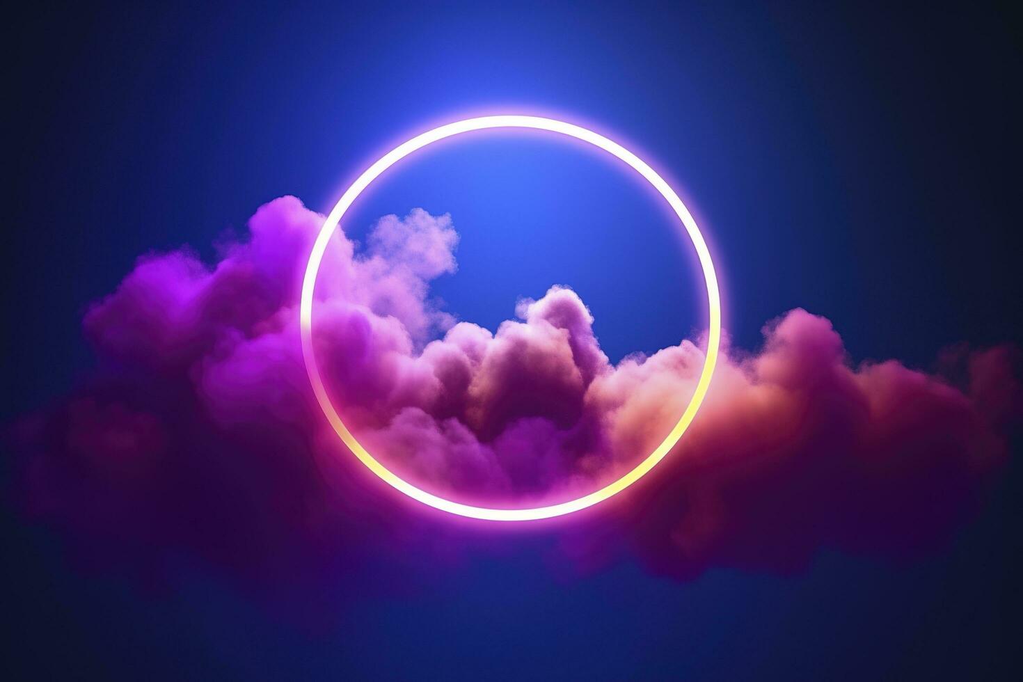 3d render, abstract cloud illuminated with neon light ring on dark night sky. Glowing geometric shape, round frame, generate ai photo