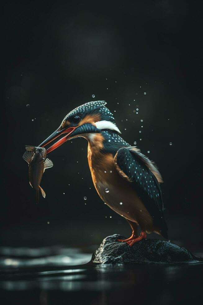 Sommon kingfisher alcedo atthis the bird holds a leaf in its beak, generate ai photo