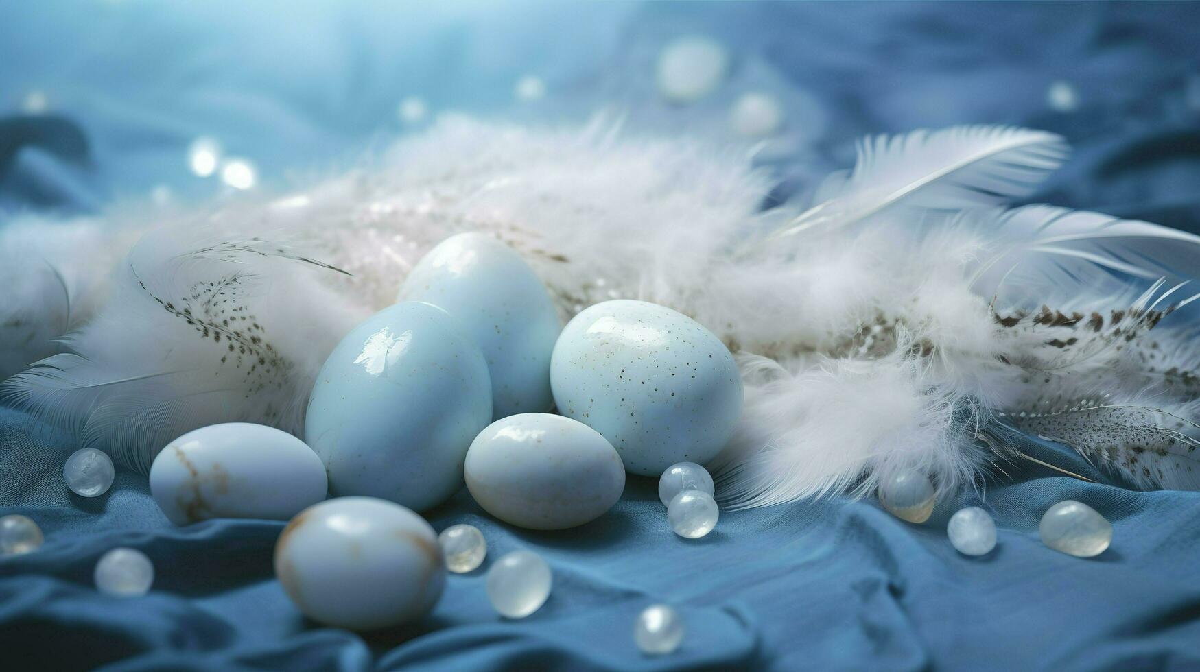 a bright blue background with one white Down feathers and eggs, in the style of soft and dreamy pastels, glimmering light effects, nature-inspired imagery, generat ai photo