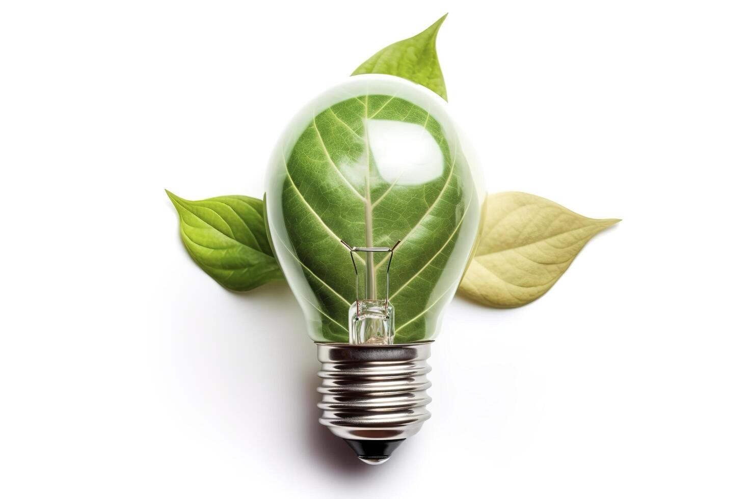 Eco-friendly lightbulb from fresh leaves top view, concept of Renewable Energy and Sustainable Living, created with technology photo