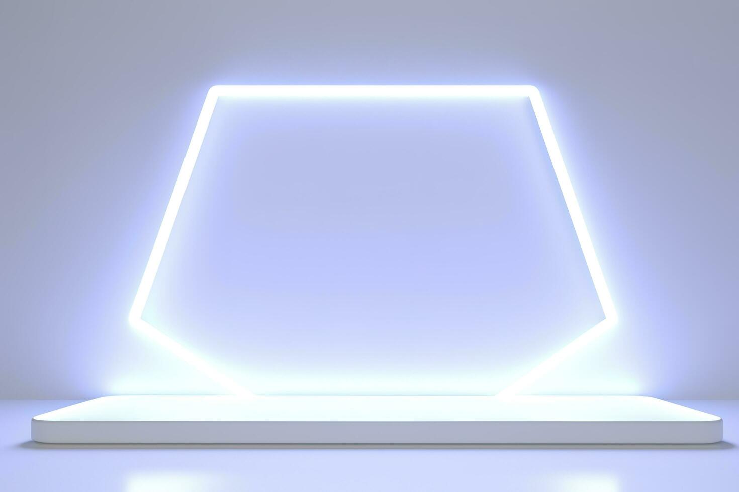 Realistic podium display with neon white lights, Product display background with light frame, White prodium product display with light effect, neon lights background, generate ai photo