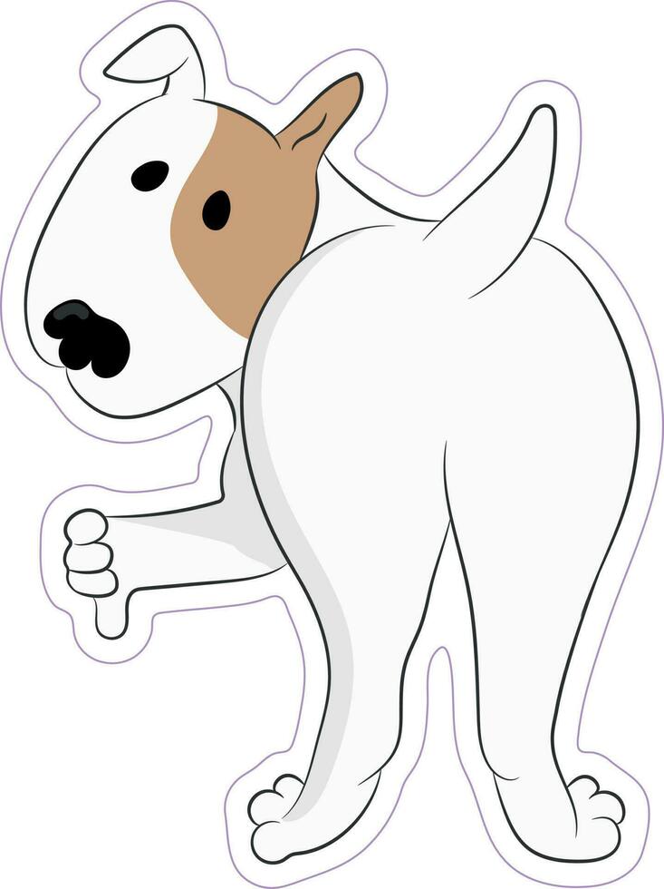 Cute bull terrier dog with thumb down. Dog sticker isolated on white background. Hand drawn vector art