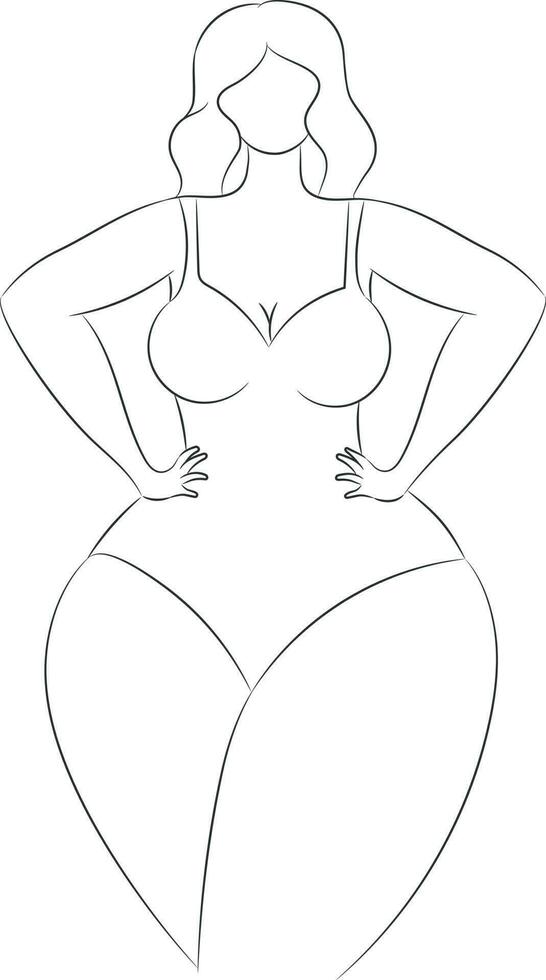 Faceless curvy female in a swimsuit contour isolated on a white background. Body positive and female beauty. Hand drawn vector art